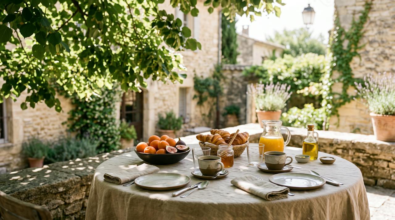 Chambre Vallée — le petit-déjeuner sous le tilleul