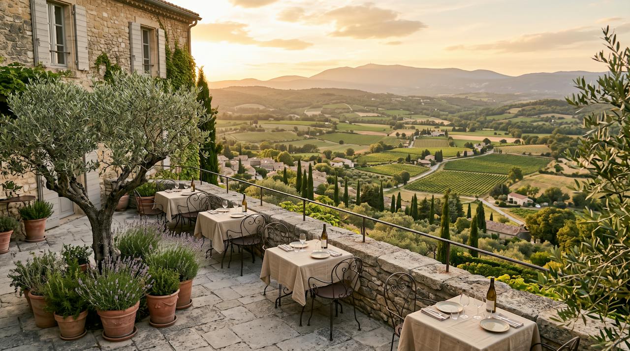 la terrasse sur la vallée au coucher du soleil
